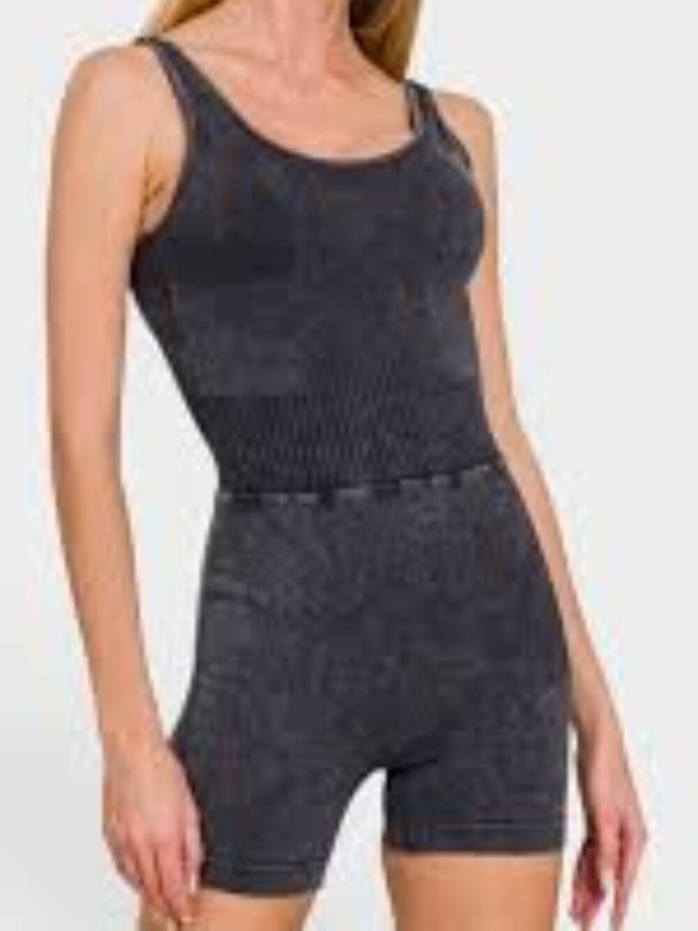 Zenana Mineral Wash Seamless Cross Back Ribbed Romper